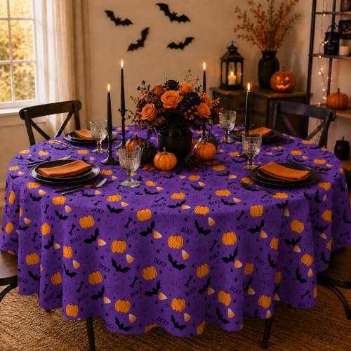 Purple Halloween Round Tablecloth 60 Inch Spooky Pumpkin Bat Design