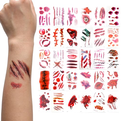 Halloween Zombie Wound Scar Temporary Tattoos Waterproof Body Stickers - 10 Sheets