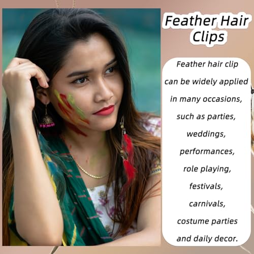 Feather Hair Clips Set - Boho 13 Inch Handmade Tribal Feather Accessories Pink + Coffee