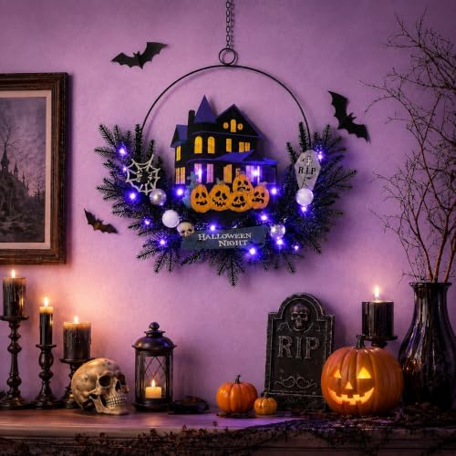 Purple Pumpkin Halloween Wreath with Lights - 15.7 Inch Timer Decor