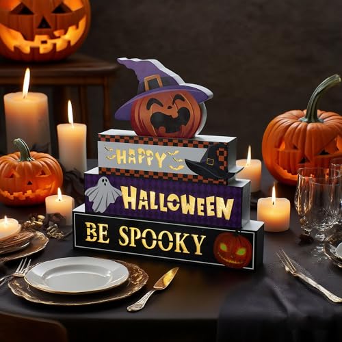 Halloween Wooden Block Set with Glowing 3D Letters and Witch-Hatted Pumpkin - Indoor Decor