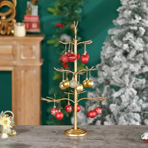 Gold Ornament Display Tree Stand, Metal Branch Design for Holiday & Year-Round Decor
