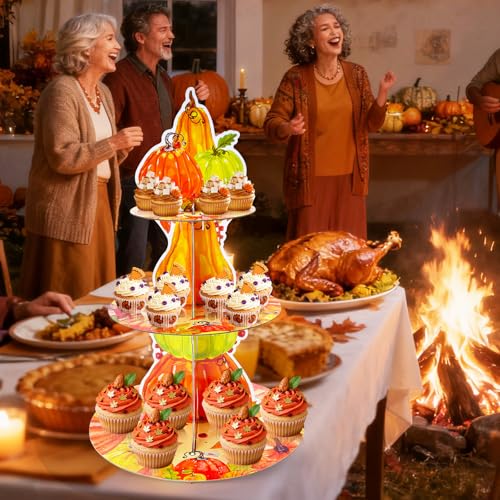 Orange 3-Tier Pumpkin Cupcake Stand - Autumn Harvest Dessert Display for Fall Parties