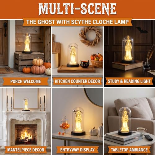 Yellow Grim Reaper Ghost Halloween Decor Light - LED Tabletop Lamp with Glass Dome