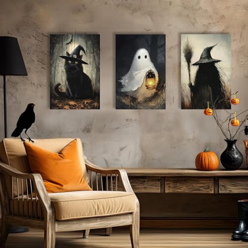 Halloween Wall Art Canvas Set - 3 Large Spooky Witch Ghost Black Cat Posters