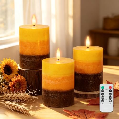 AFINETH Orange Flameless Pillar Candles Set of 3 with Remote - Fall Home Decor