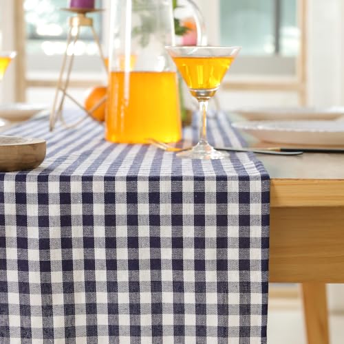 Halloween Check Plaid Table Runner - Linen Blend, 14x108 Inch, Blue and White - The Art Box
