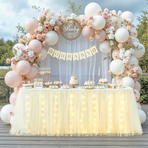 17FT Champagne Tulle Table Skirt with LED Lights - Ruffle 2-Layer for Weddings & Parties (204" x 30")