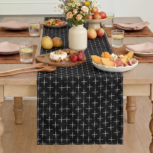 Black Cross-Star Textured Table Runner - 13x72 Inch Water-Resistant Kitchen Decor