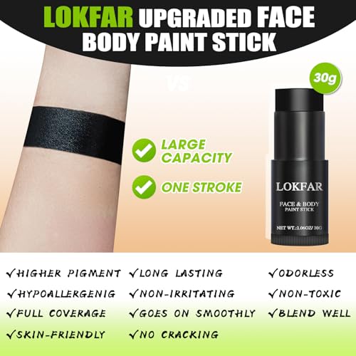 LOKFAR Black Face & Body Paint Stick for Halloween & Cosplay - Waterproof Full Coverage