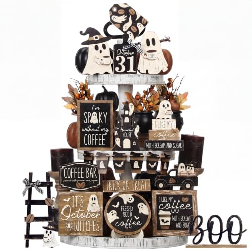 Halloween Ghost Coffee Tiered Tray Decor Set - 17 Pcs Fall Farmhouse Style Variation