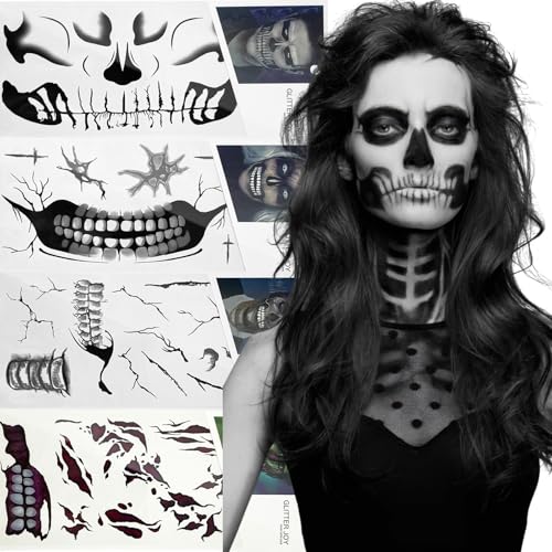 Zombie Skull Face Tattoos for Halloween & Cosplay – 4 Sheets