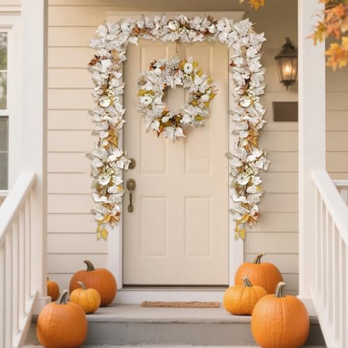 White Fall Garland with Lights - 6Ft Autumn Leaves & Pumpkins for Home Decor - Halloween & Thanksgiving Indoor Outdoor