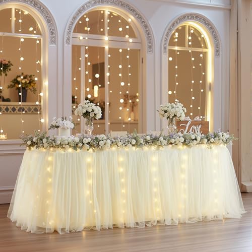17FT Champagne Tulle Table Skirt with LED Lights - Ruffle 2-Layer for Weddings & Parties (204" x 30")