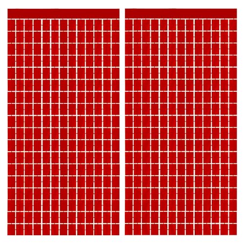 Red Party Foil Tinsel Curtain Set - 2 Packs Square for Celebration Decorations