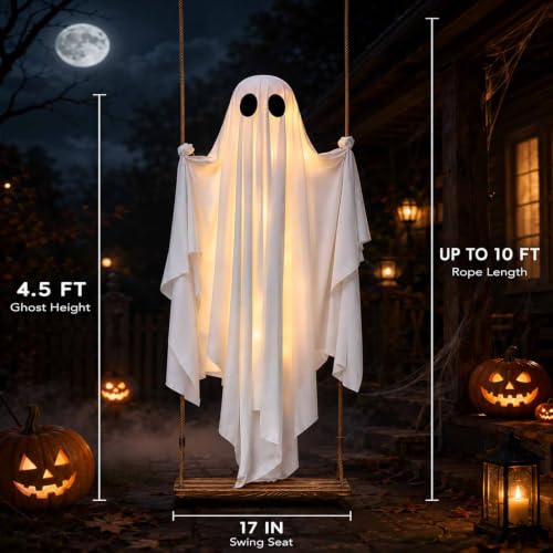 Large Outdoor Swinging Ghost Halloween Decoration - 4.5FT Hanging Ghost with Adjustable Ropes