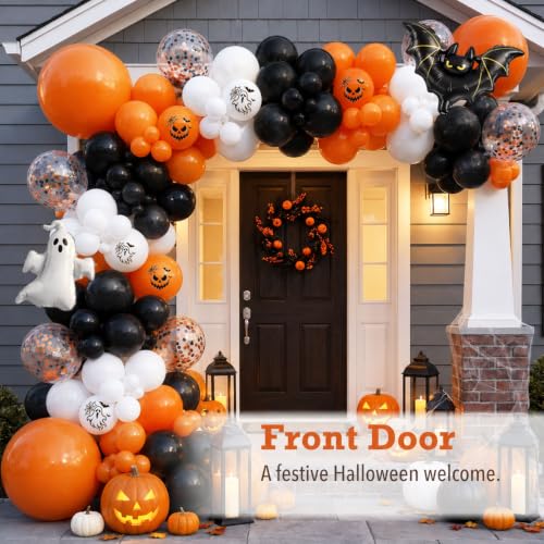 Halloween Balloon Arch Kit Ghost & Bat Foil Balloons 127 Pieces Orange Black White Variation