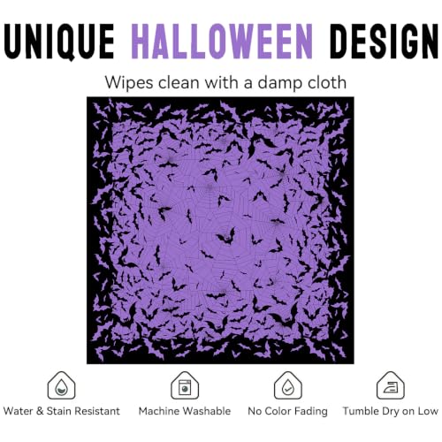 Halloween Bat and Spiderweb Square Tablecloth 70x70 Inch - Purple, Machine Washable