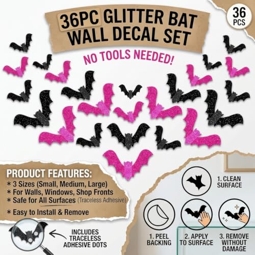 Halloween Glitter Bat Wall Decals Set - 36pcs Pink & Black Party Decorations