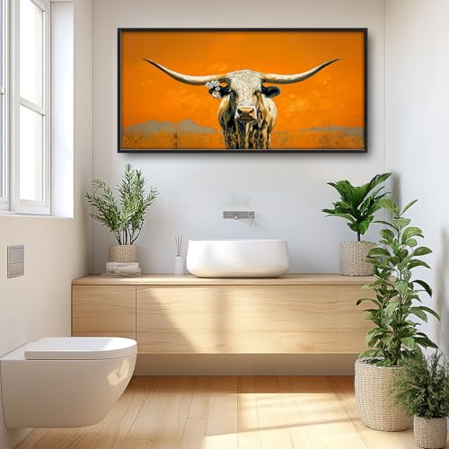 Western Longhorn Steer Wall Art - Framed Canvas Painting for Living Room & Bedroom - 60L x 30W