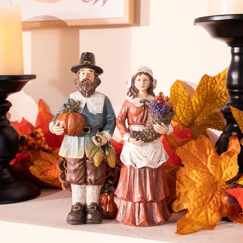 Medium Fall Decor Set - 2 Pcs Pilgrim Figurines for Indoor Outdoor Thanksgiving Autumn Harvest