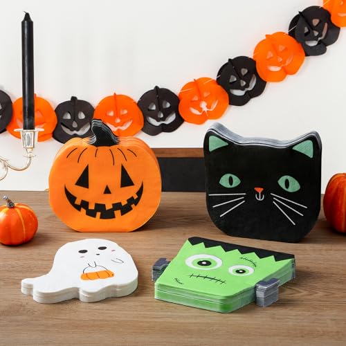 Halloween Paper Napkins 100 Pack - Ghost, Pumpkin, Black Cat & Frankenstein Shapes