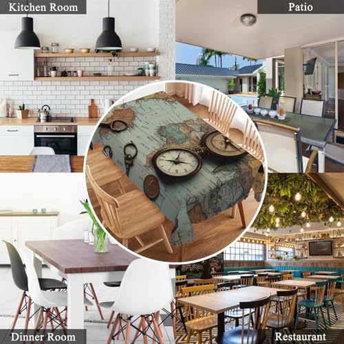 Ancient World Map Tablecloth 52x70 Inch Rectangular Retro Kitchen Cover for Dining & Parties - Bronze Coin & Skeleton Key Design