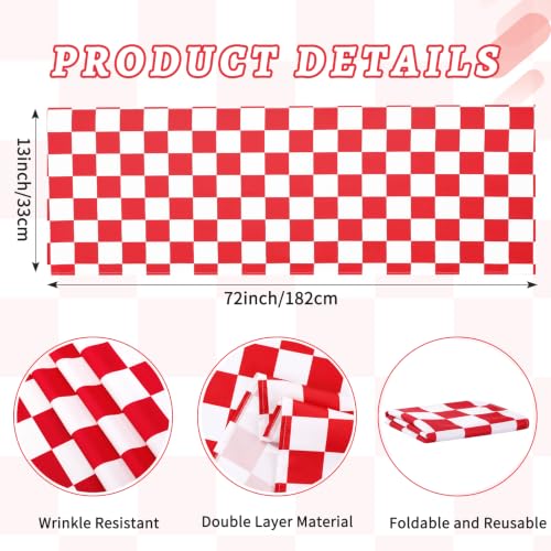 Red Gingham Checkered Table Runner - 13 x 72 Inch, Waterproof, Reusable