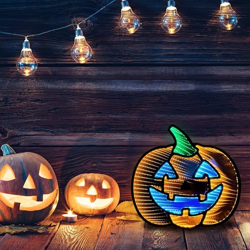 Halloween Jack O Lantern Infinity Mirror Light - 12x12 Indoor Decor with USB Power