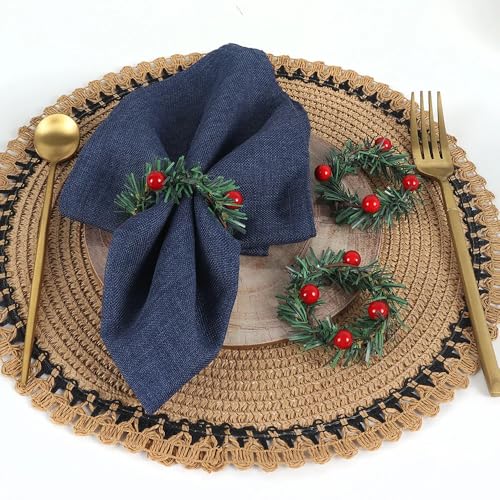 12Pcs Christmas Napkin Rings Pine Needle & Red Fruit Flower Holiday Decor