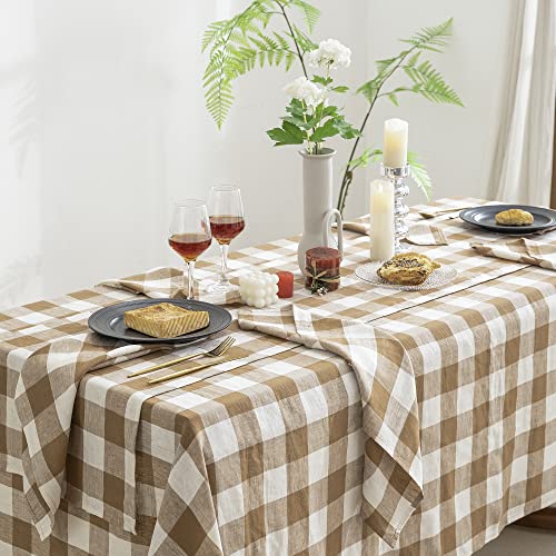 Everly Linen Tablecloth 60x120 Inches Brown Plaid Rectangular For Dining & Events