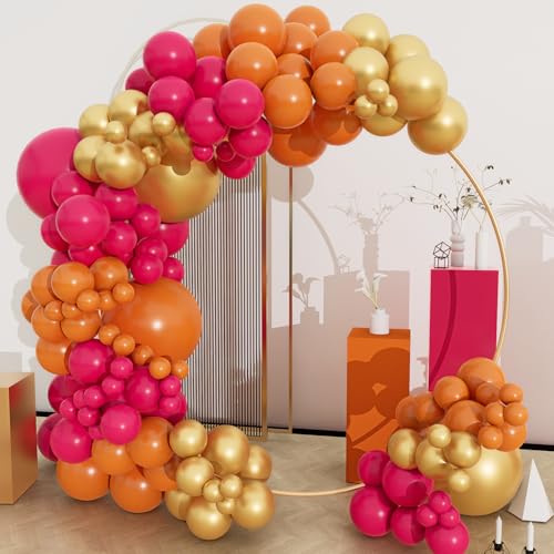 Hot Pink Orange Gold Balloon Garland Arch Kit - 134pcs Party Decorations - Variation of Hot Pink Orange Gold