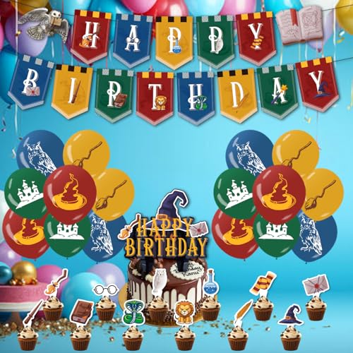 Magical Birthday Party Decorations Set with Banner Balloons Cake Toppers for Kids & Halloween