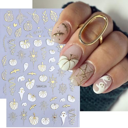 Halloween Pumpkin Ghost Nail Art Stickers - Style7 Fall Maple Leaf Bat Web 3D Decals