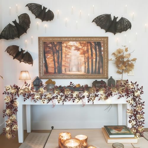 12Ft Plum Fall Garland Set - 2 Pack, Realistic Seeded Leaf Decor for Fireplace Mantle & Outdoor Halloween