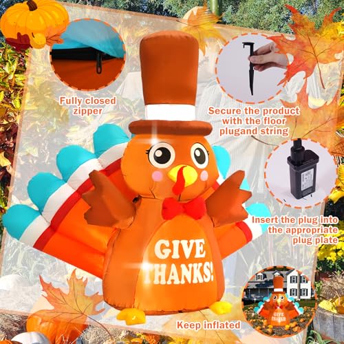 6FT Thanksgiving Inflatable Turkey with Blue Tail & LED Lights - Outdoor Holiday Decor