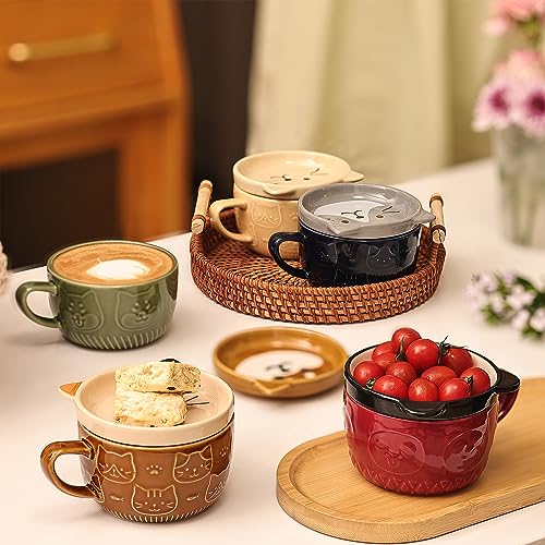 Cute Ceramic Cat Coffee Mug with Lid - Brown, Gift for Cat Lovers