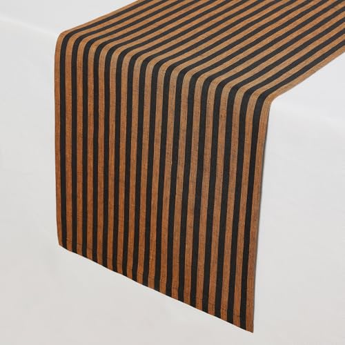 Linen Table Runner 14x90 Inch Pumpkin Black Striped - Handcrafted European Flax
