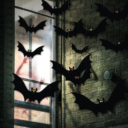 Halloween Bat Decorations 12 Pack Hanging Bats with Glowing Eyes - Indoor Outdoor Decor