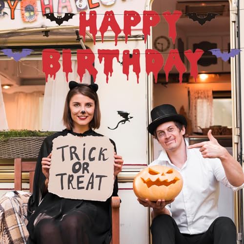 Halloween Happy Birthday Banner with Bat Cutouts - Spooky Party Decorations