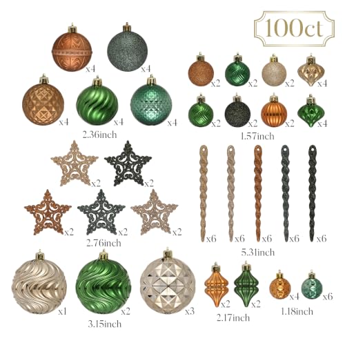 Christmas Tree Ornaments Set - Green Copper Brown Variations - 100 Shatterproof Holiday Decorations
