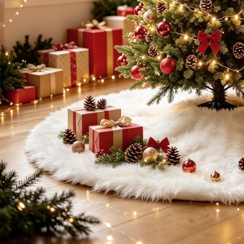 White Faux Fur Christmas Tree Skirt 60 Inch Luxury Velvet Holiday Decor - Variation: White-Faux Fur / 60IN