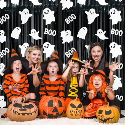 Halloween Foil Fringe Curtains - Ghost & Boo Theme, 4 Pack, Black & White, 3.3x6.6 Ft, Ghost Photo Backdrop, Party Decorations, Kids & Baby Shower