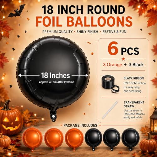18 Inch Orange and Black Foil Balloons Set for Halloween & Fall Parties