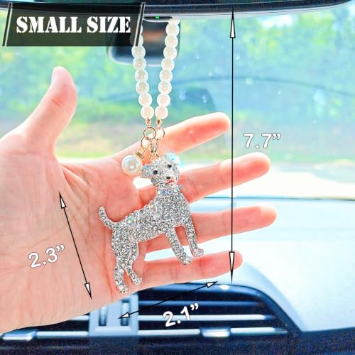 White Sparkling Dog Car Mirror Hanging Ornament with Pearl Chain - Bling Rearview Mirror Accessory