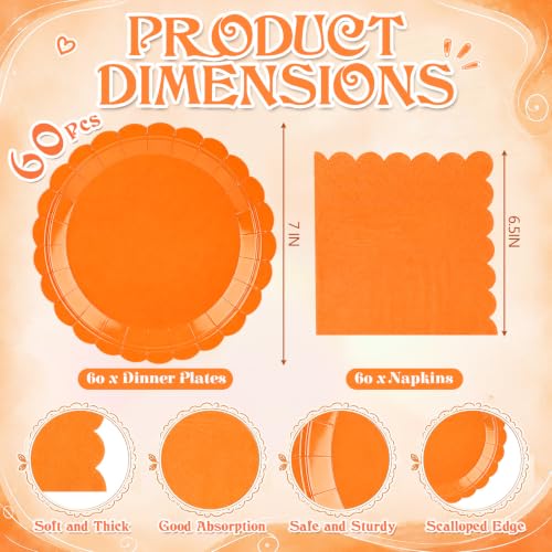 Orange Paper Plates and Napkins Set - Fall Themed 7 Inch Disposable Dinnerware - Variation: Orange