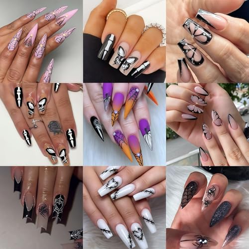 Halloween Nail Art Stickers - Rhinestone Spider Web & Flower Designs - 6 Sheets for DIY Manicure