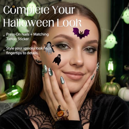 Halloween Press-On Nails Short Almond with Cat Eye Spider Ghost - 32Pcs, Variation 1