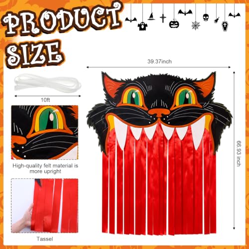 Halloween Black Cat Door Curtain with Fringe - Spooky Carnival Entry Decor