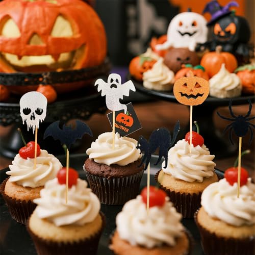Halloween Cake Decorations Boo 24PCS Ghosts Bats Skeletons Spiders Cake Picks